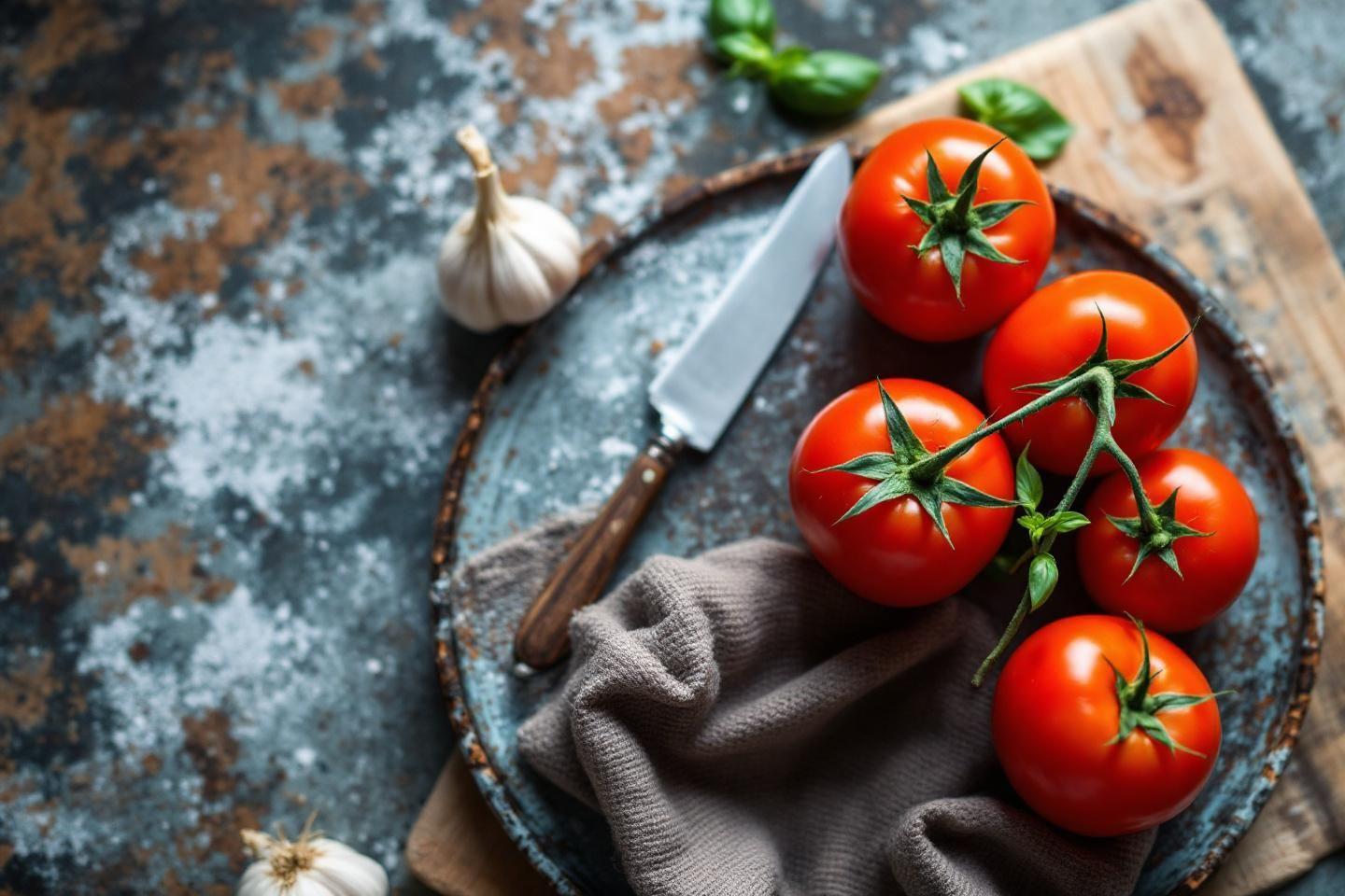 Tomates rouges sur assiette avec couteau et gousses d'ail