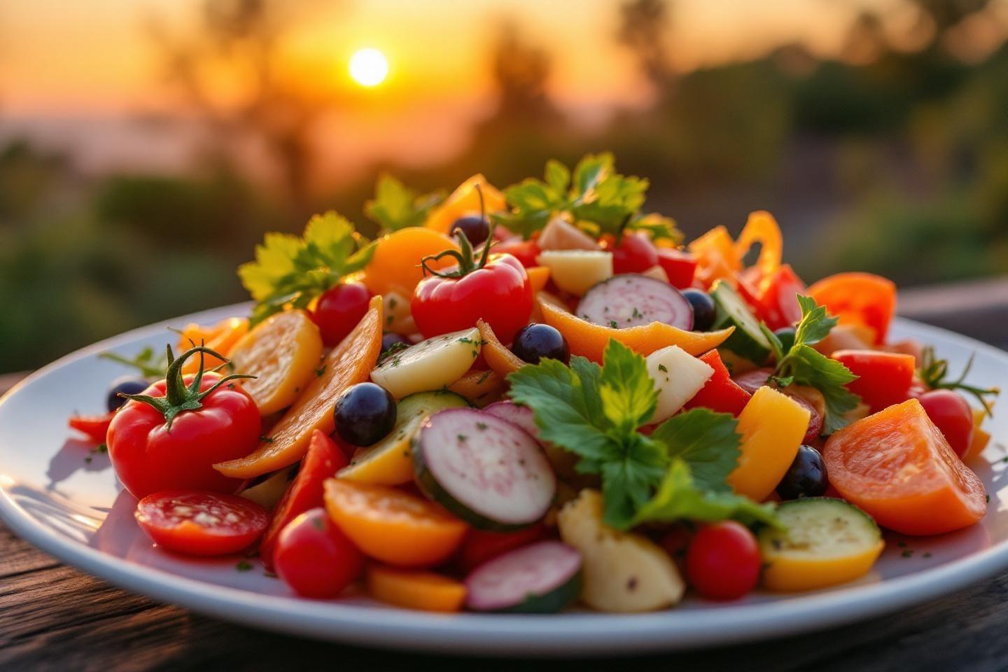 Assiette de tomates, concombres, radis et herbes fra&icirc;ches