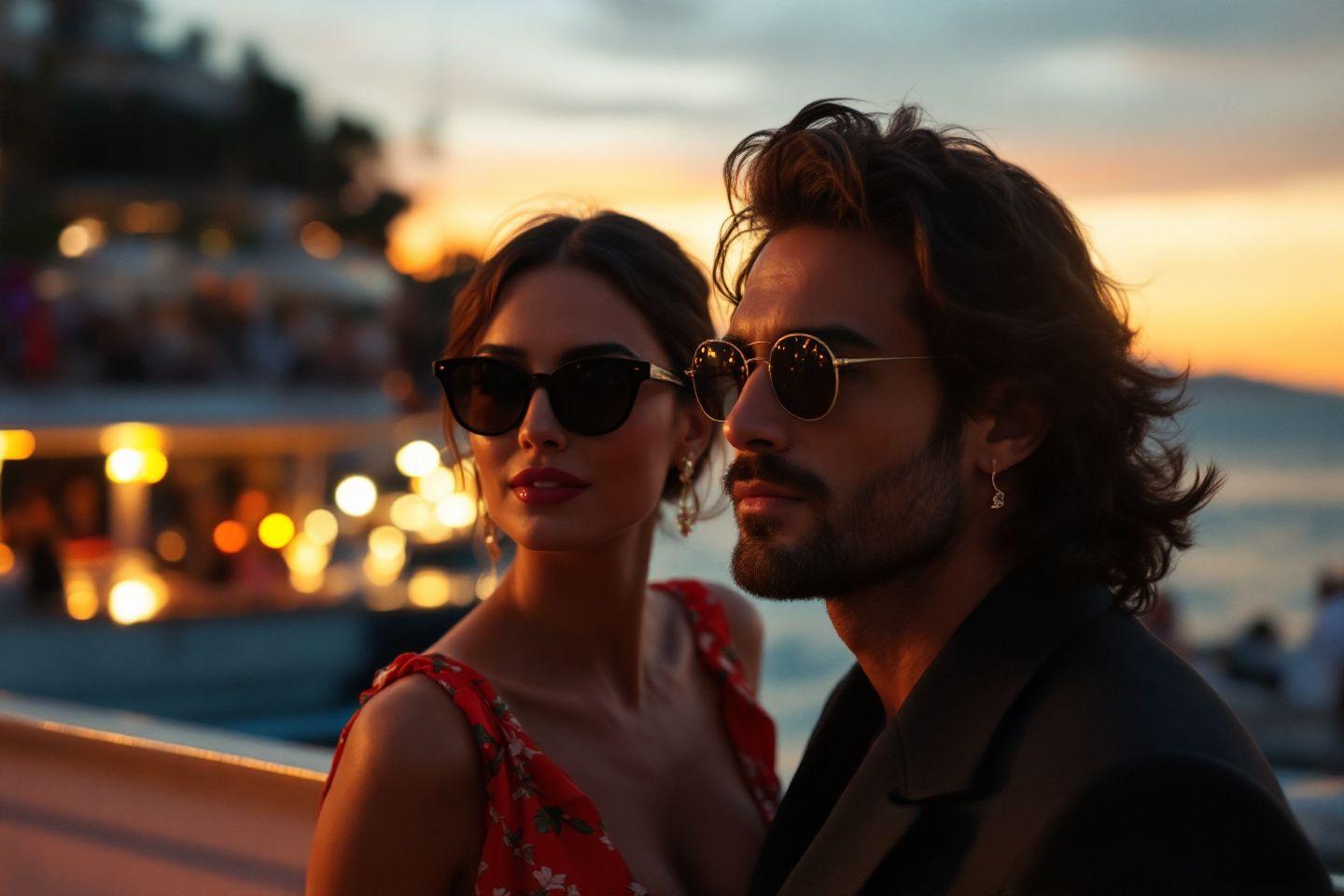 Deux personnes portant des lunettes de soleil au coucher du soleil