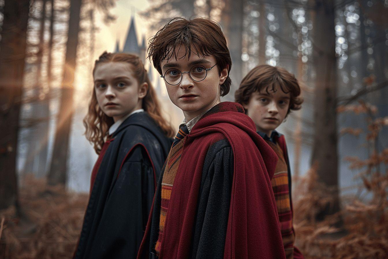 Trois enfants en robes de sorciers marchant dans une for&ecirc;t