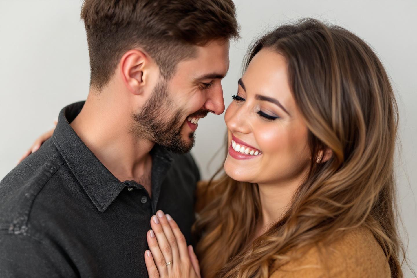 Un couple enlac&eacute;, souriant et proche l'un de l'autre
