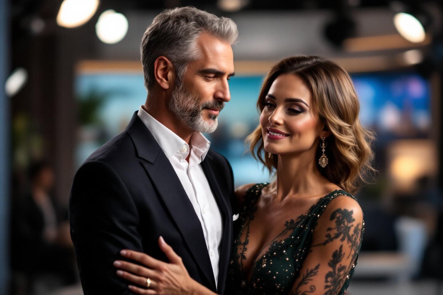 Homme et femme sophistiqu&eacute;s enlac&eacute;s, ambiance chic et moderne