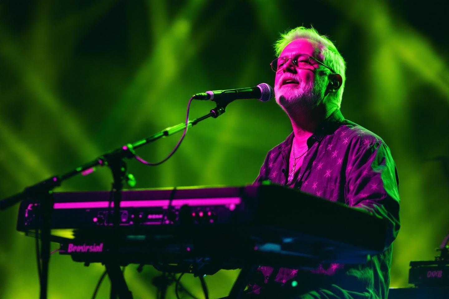 Homme &acirc;g&eacute; chantant et jouant du synth&eacute;tiseur vert