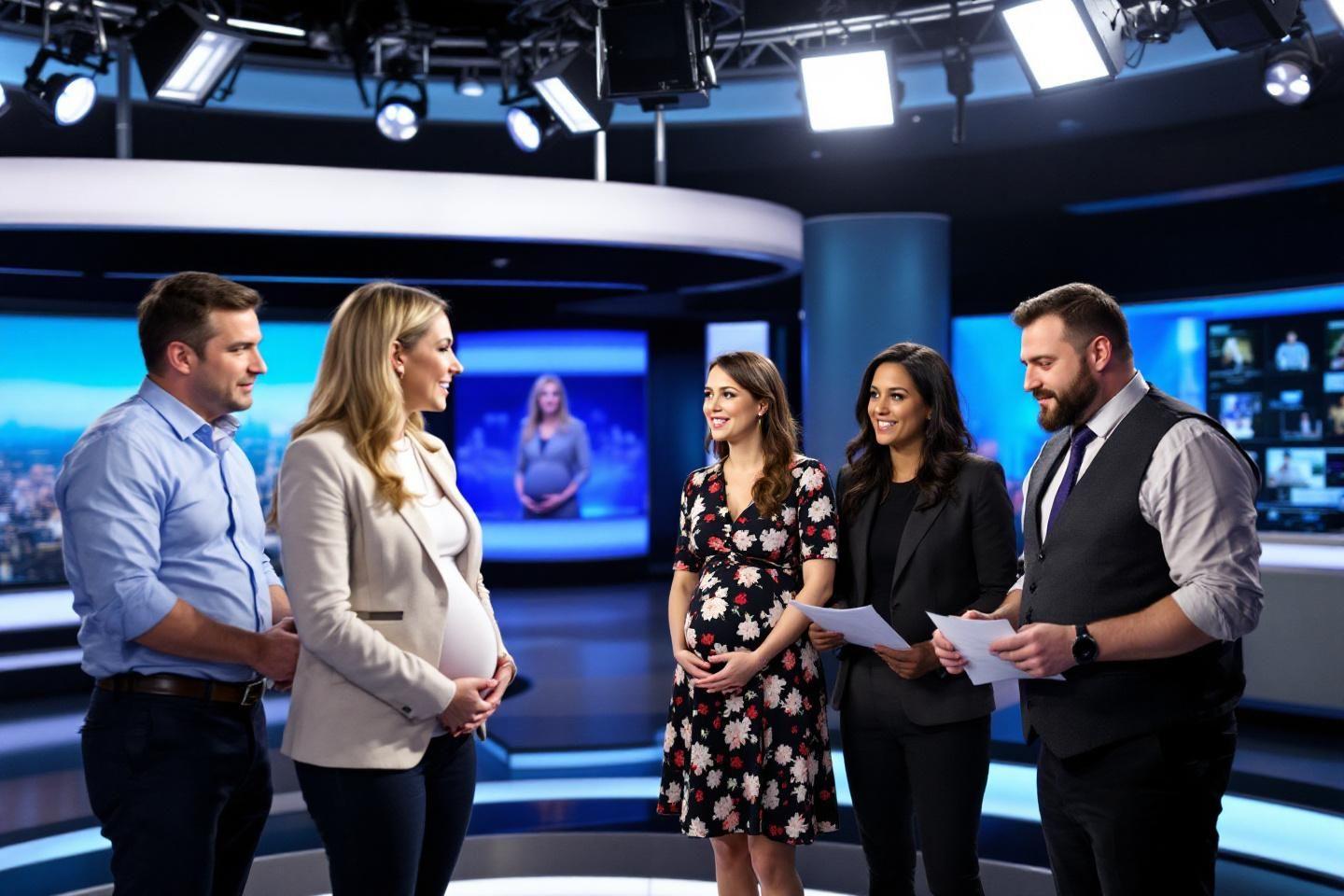 Plusieurs journalistes dans un studio de t&eacute;l&eacute;vision moderne
