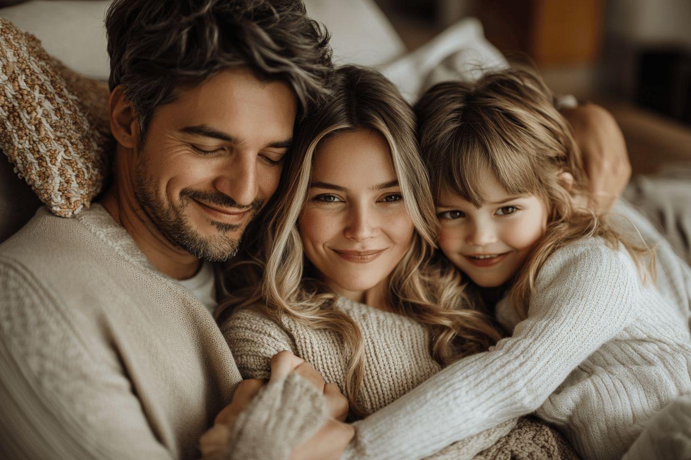 Famille enlacée, sourires tendres, pulls tricotés beiges