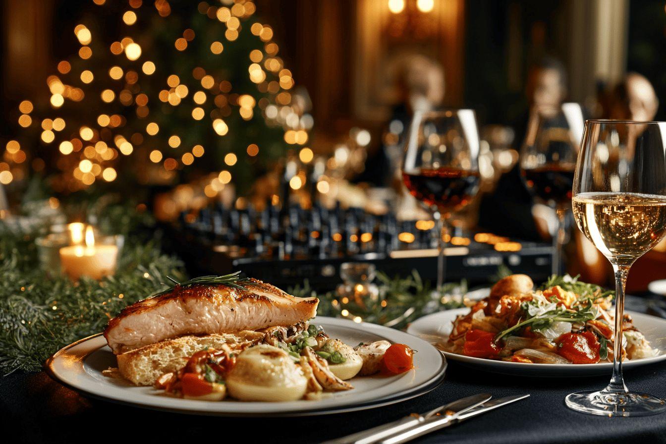 Assiettes &eacute;l&eacute;gantes avec saumon, vin et lumi&egrave;res de No&euml;l
