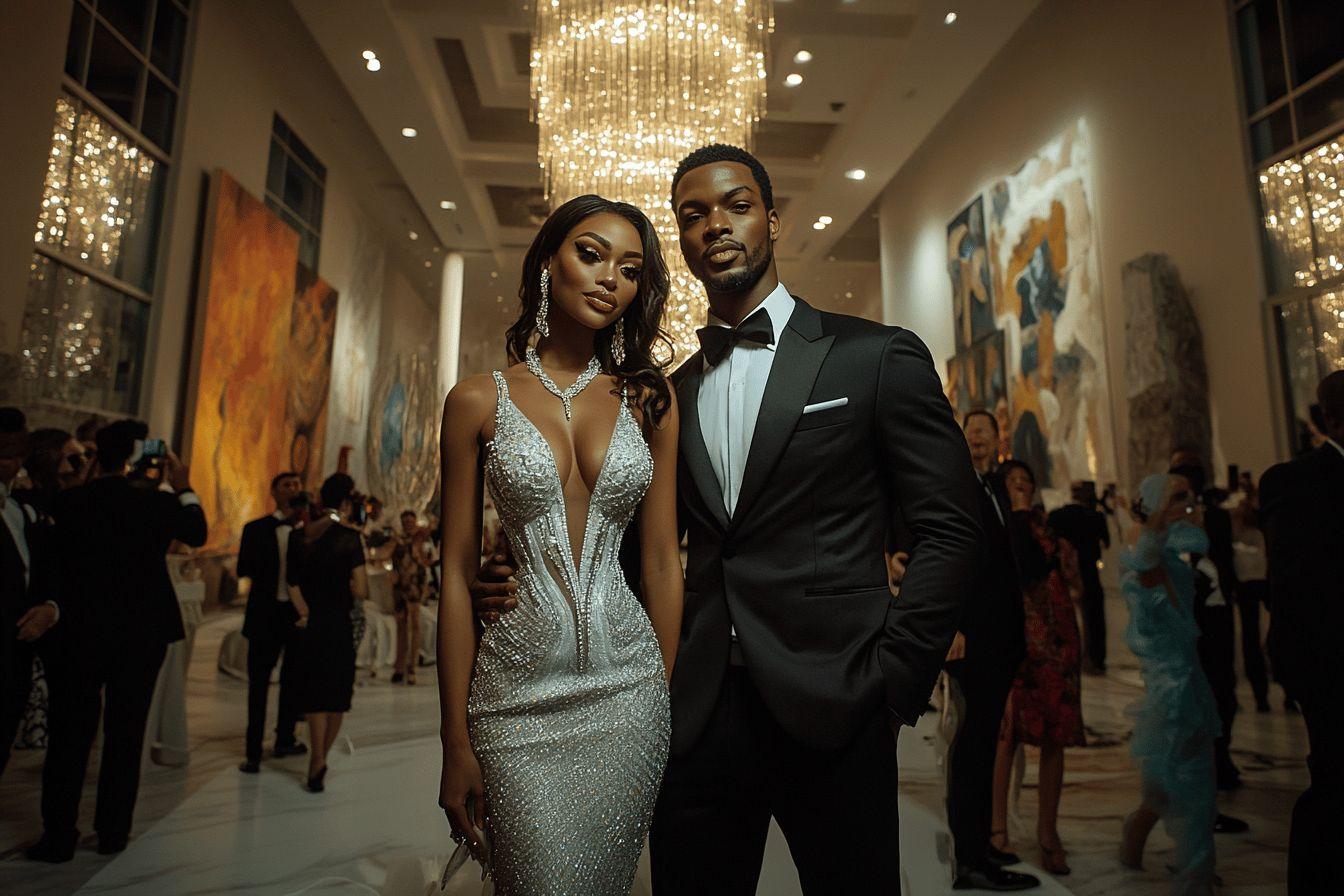 Couple chic dans une salle scintillante avec lustre et invit&eacute;s
