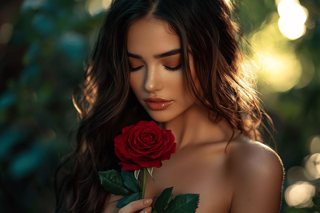 Femme aux yeux ferm&eacute;s tenant une rose rouge dans la nature