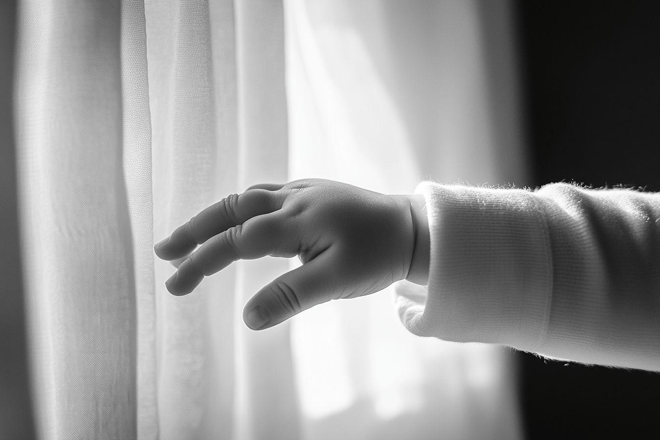 Main dodue d'enfant contre un tissu lumineux