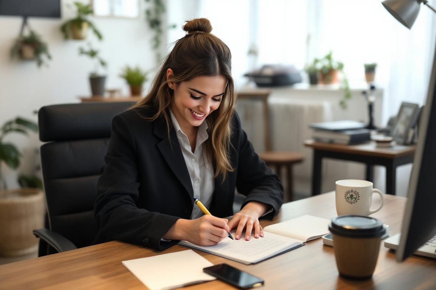 Employ&eacute;e souriante &eacute;crivant sur un document dans un espace de travail