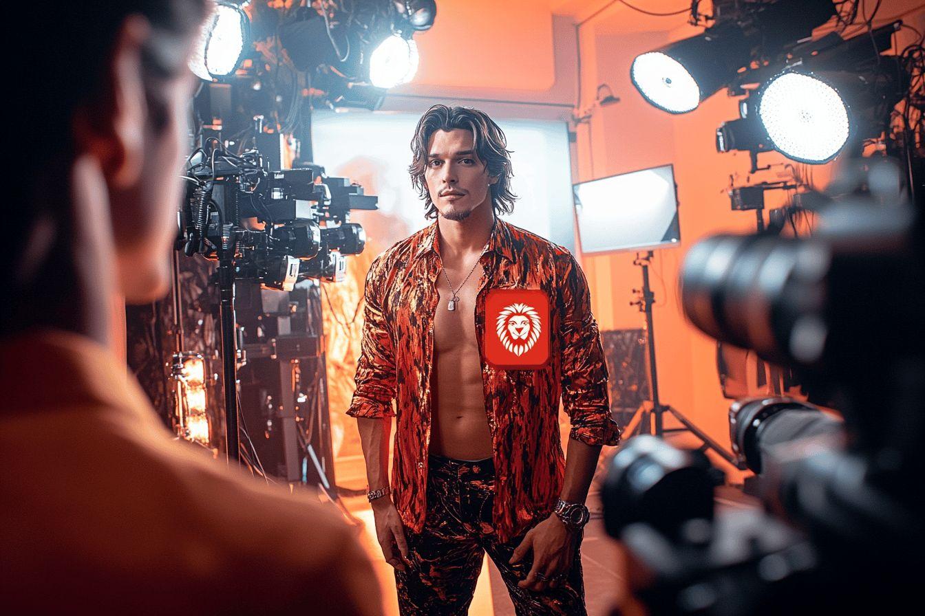 Mannequin &eacute;l&eacute;gant posant entre cam&eacute;ras et projecteurs