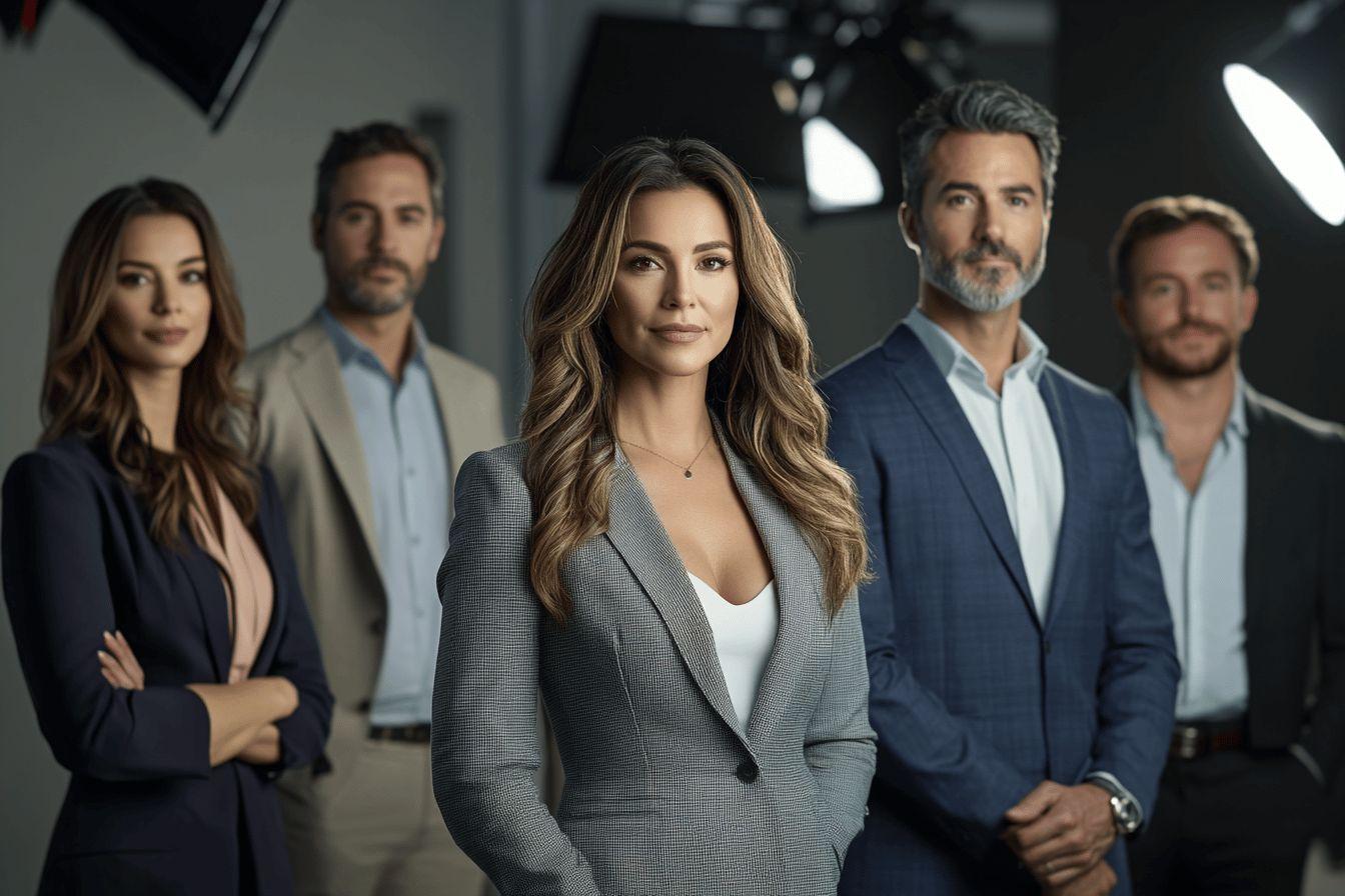 Groupe de professionnels en tenue de bureau sur fond sombre