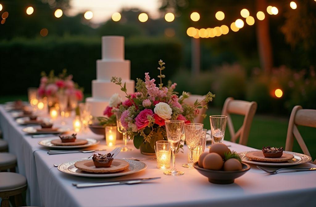 Table dress&eacute;e avec bougies, fleurs et vaisselle raffin&eacute;e