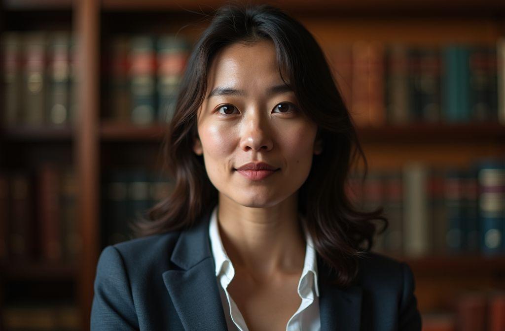 Portrait d'une femme en blazer dans un d&eacute;cor de livres