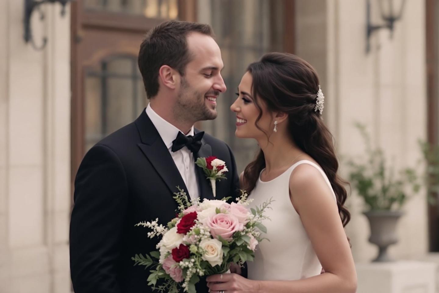 Mariés amoureux, bouquet de fleurs, sourires tendres