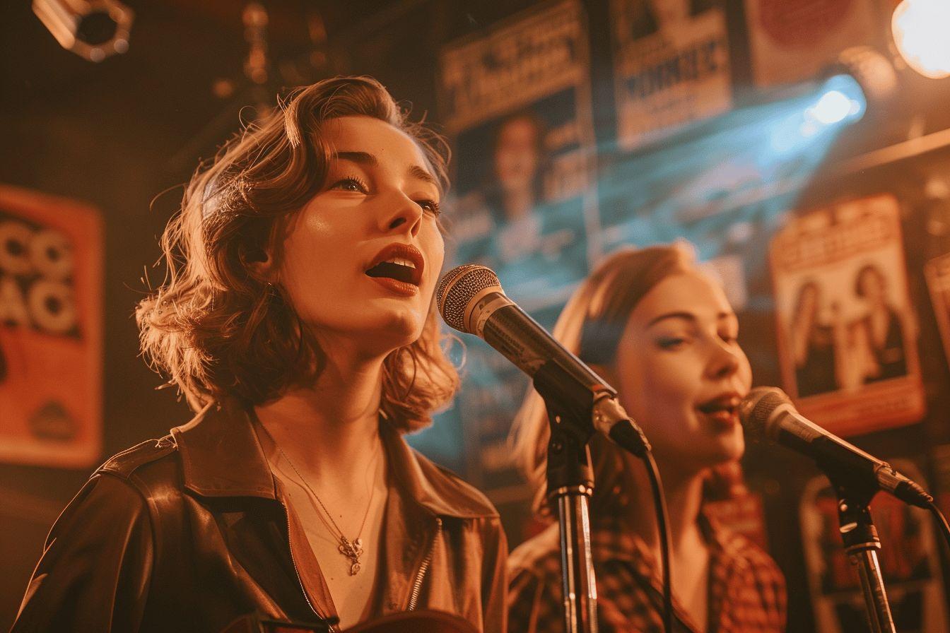 Deux femmes chantant avec passion sur scène dans un bar