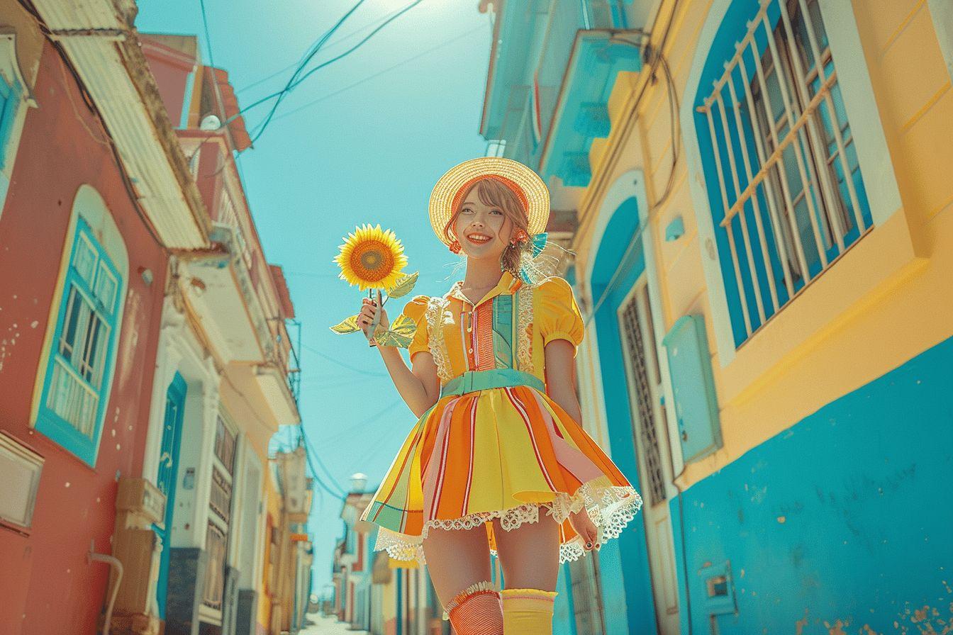Une femme joyeuse en robe jaune tient un tournesol dans une rue color&eacute;e.