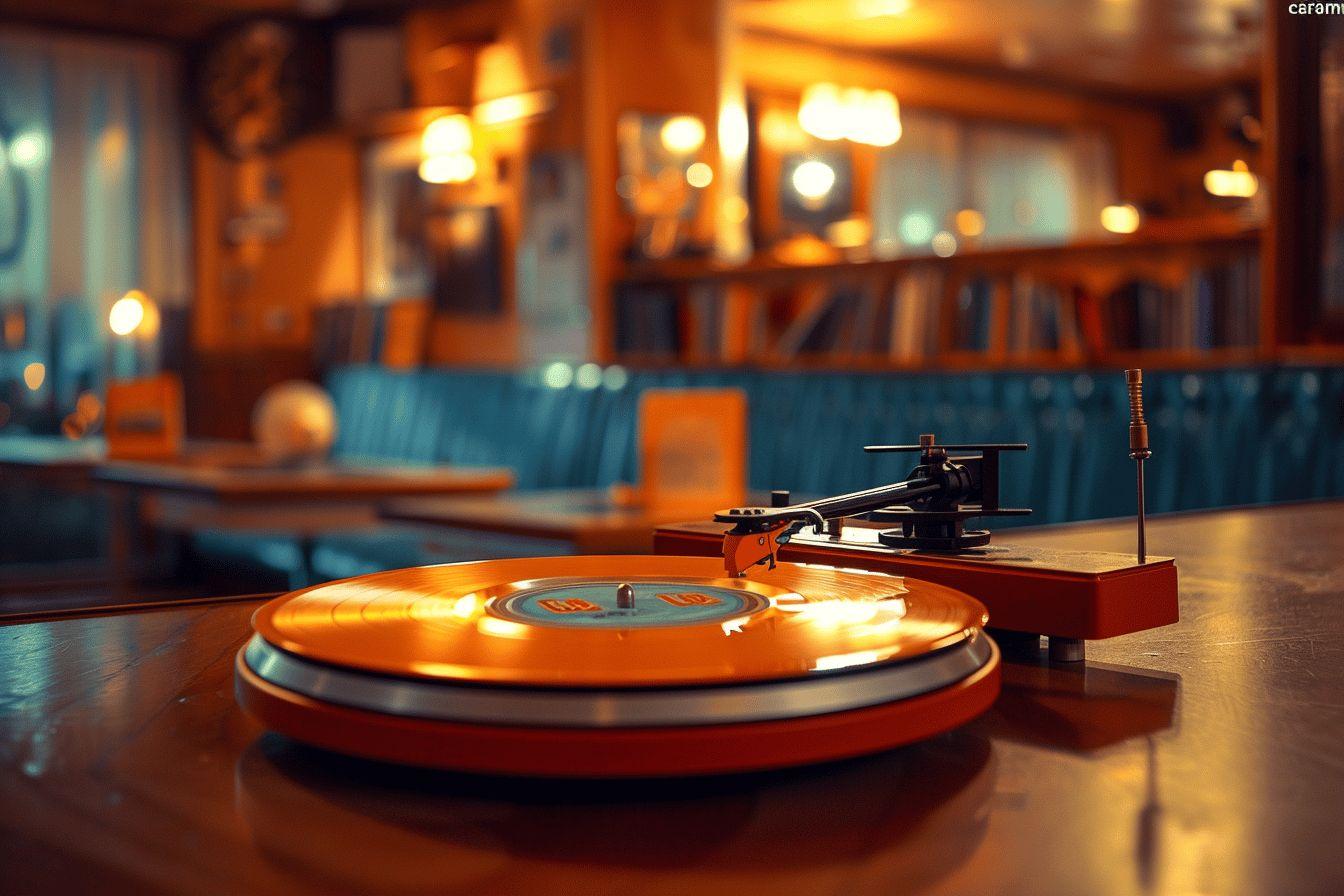 Platine vinyle vintage dans un d&eacute;cor de bar ancien et lumineux