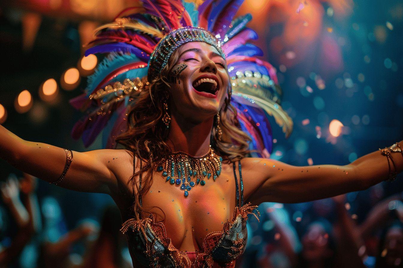Femme en costume color&eacute; et brillant dansant joyeusement lors du carnaval de Rio