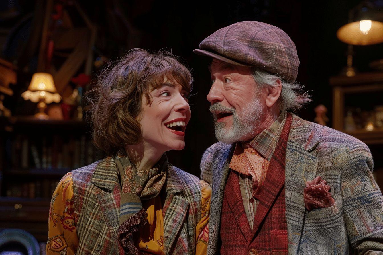 Deux personnes &acirc;g&eacute;es rigolant ensemble dans un endroit r&eacute;tro