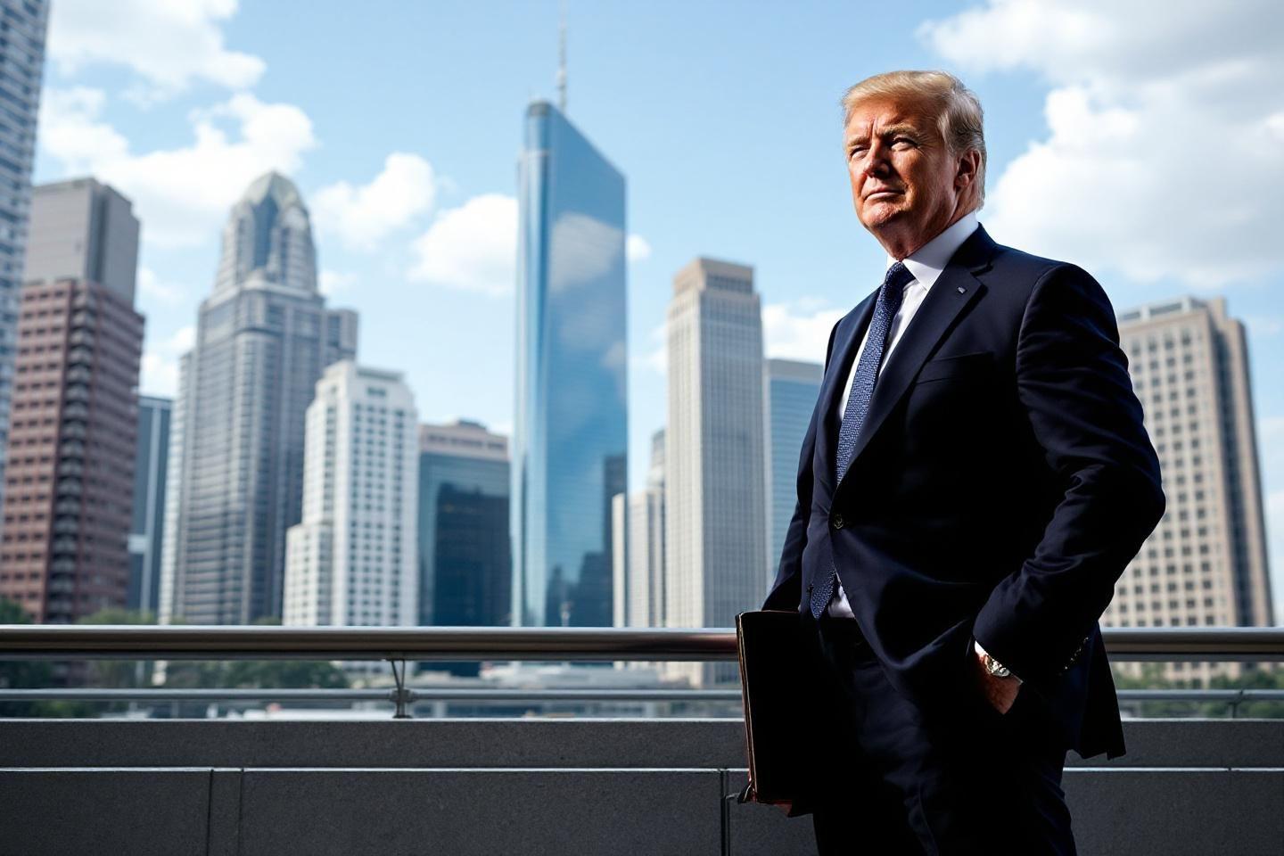 Homme en costume sombre posant près de buildings urbains