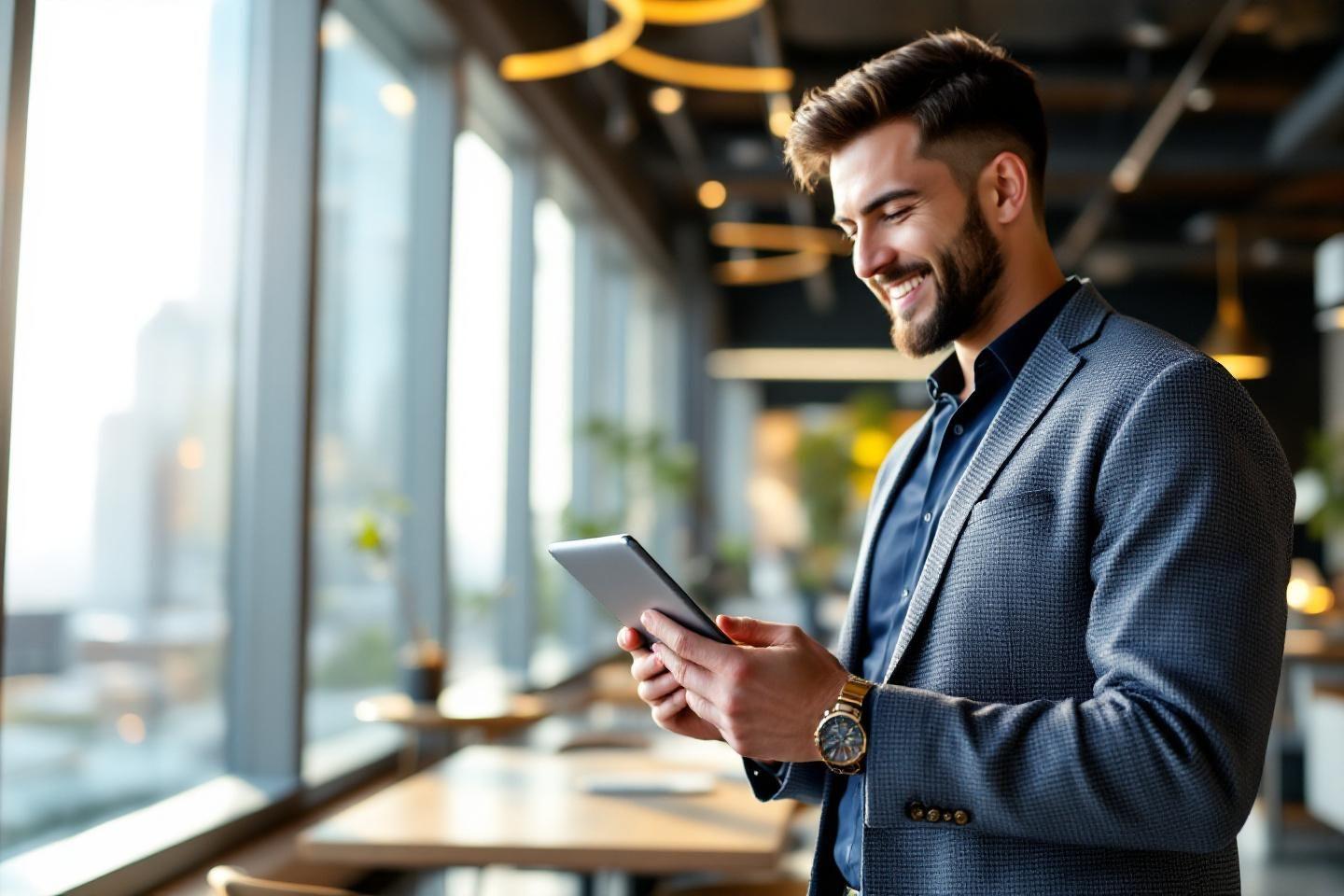 Homme &eacute;l&eacute;gant utilisant une tablette dans un bureau moderne