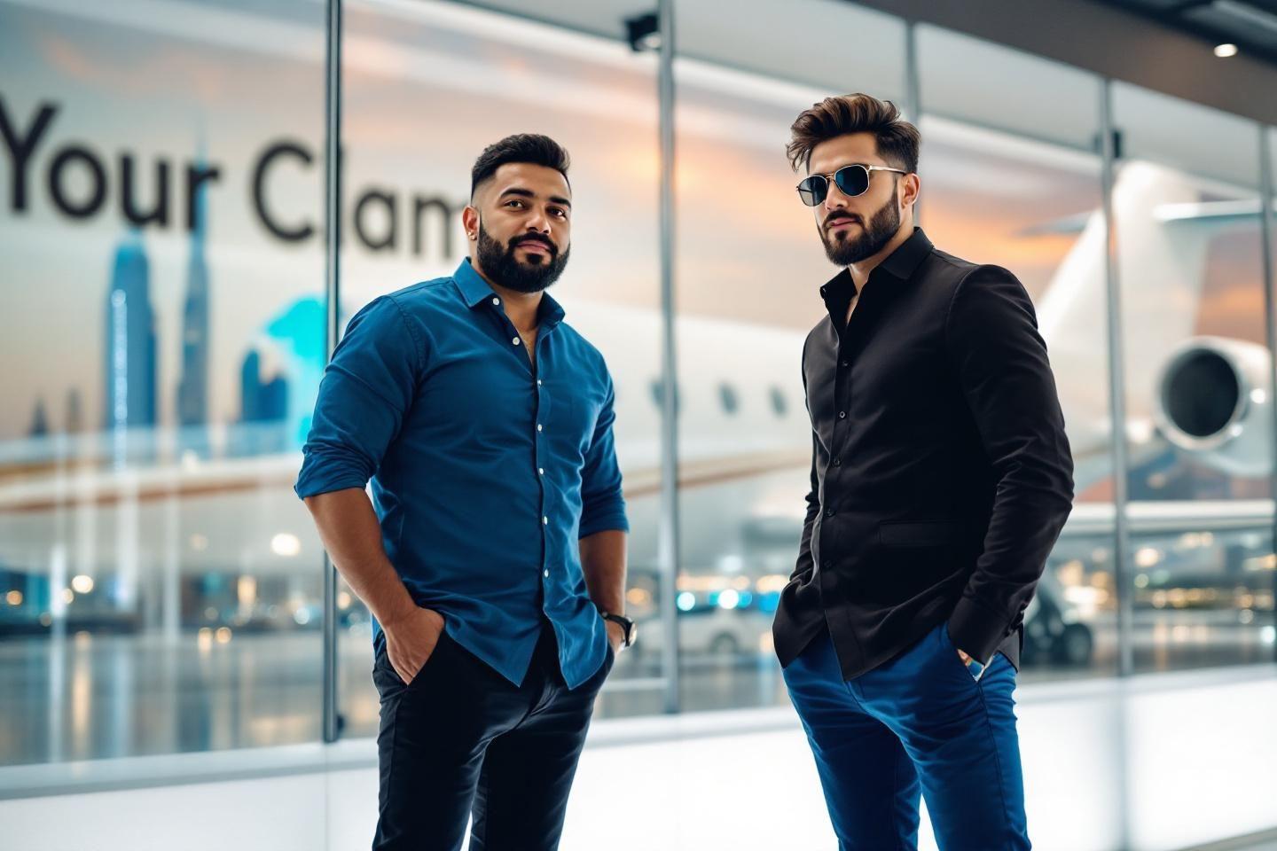 Deux hommes d'affaires styl&eacute;s posant dans un a&eacute;roport moderne