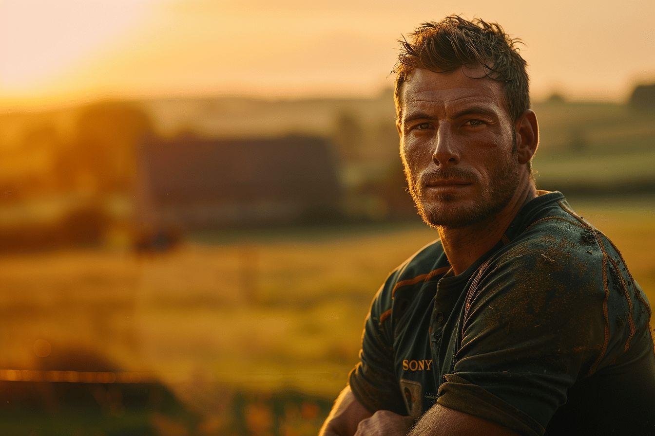 Portrait d'un homme au visage s&eacute;rieux dans un paysage au coucher du soleil