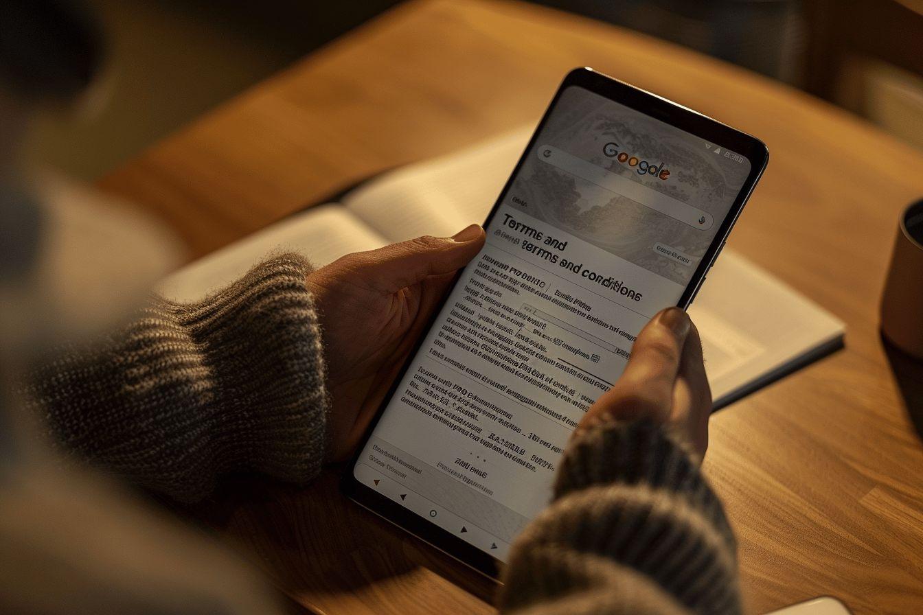 Image d'un smartphone affichant les conditions d'utilisation de Google