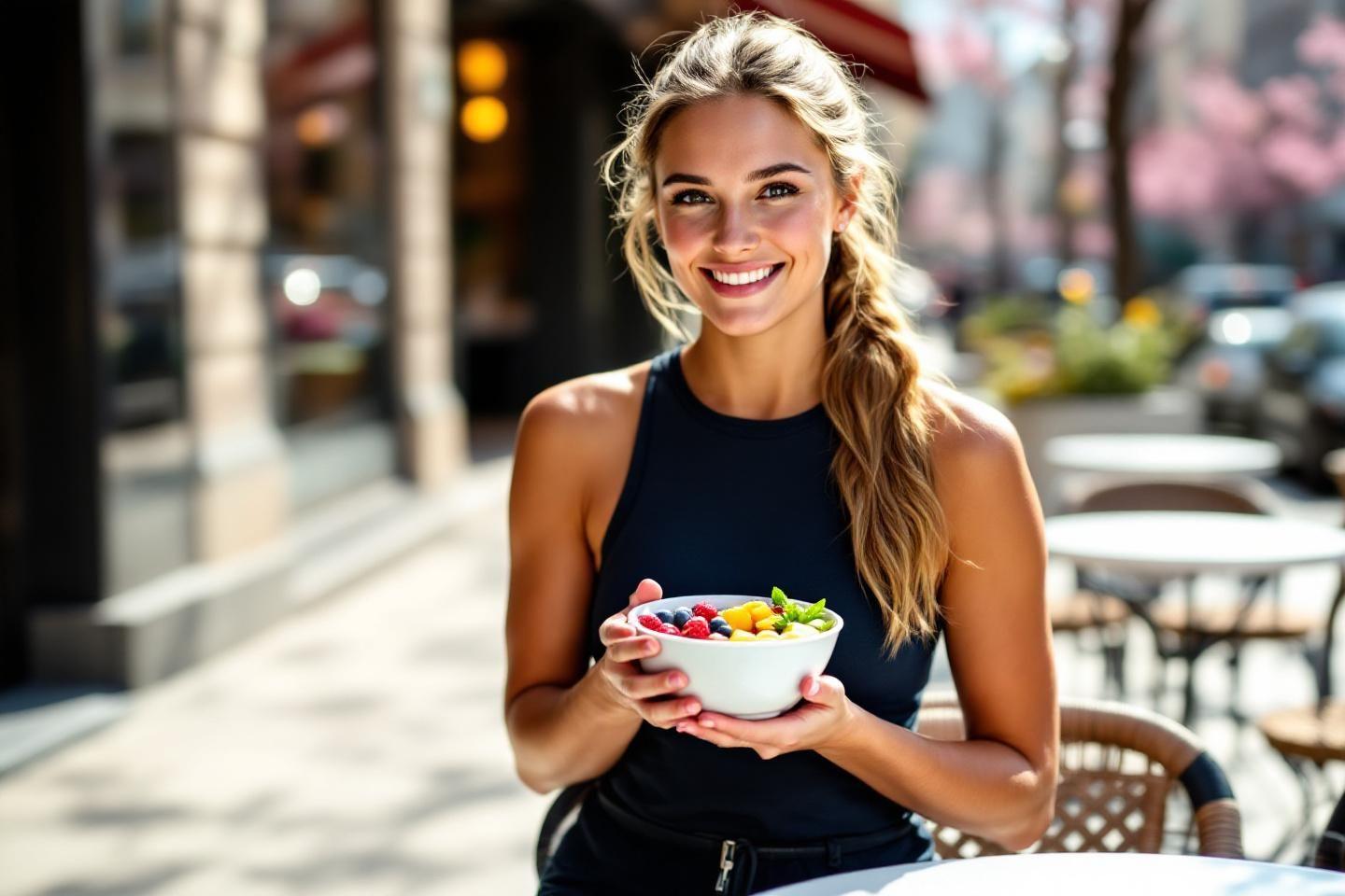 Jeune femme tenant un bol de fruits color&eacute;s en terrasse