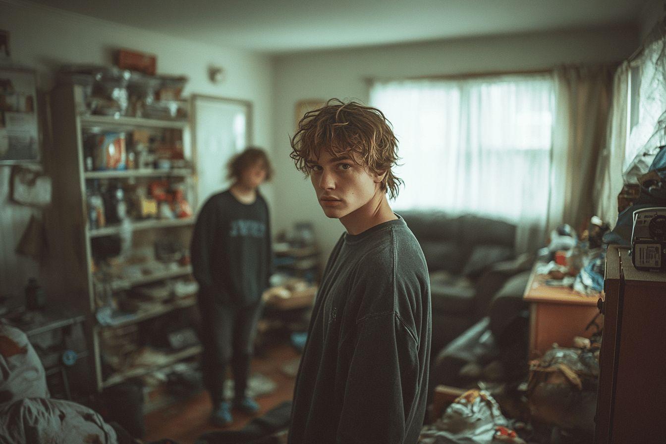 Deux adolescents dans une chambre encombr&eacute;e aux tons verd&acirc;tres