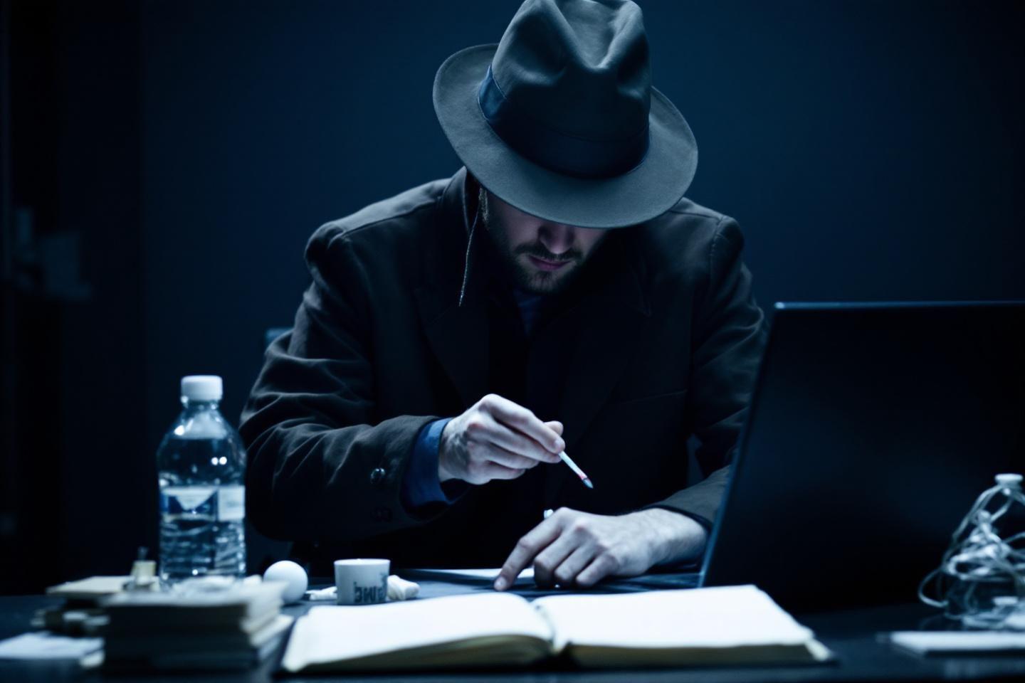 Homme au chapeau sombre &eacute;crivant pr&egrave;s d'un ordinateur portable