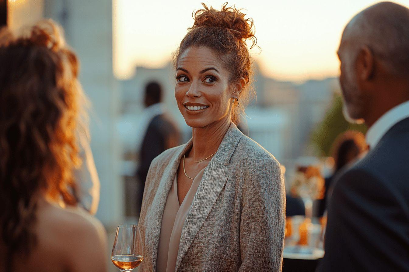 Femme souriante tenant un verre de vin lors d'un événement