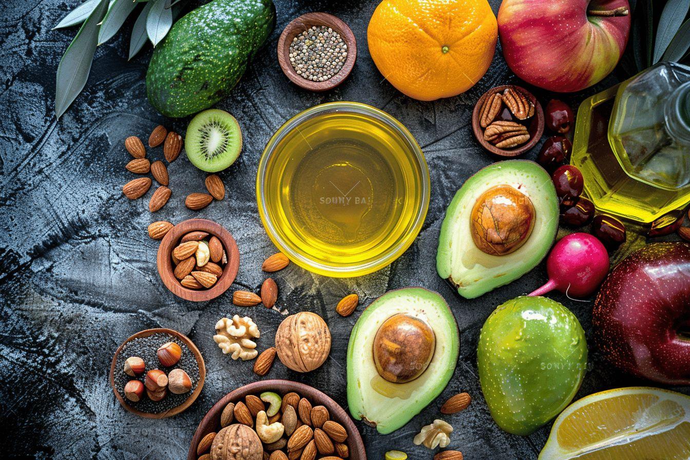 Vari&eacute;t&eacute; de fruits, l&eacute;gumes, noix et huile dans un arrangement &eacute;l&eacute;gant