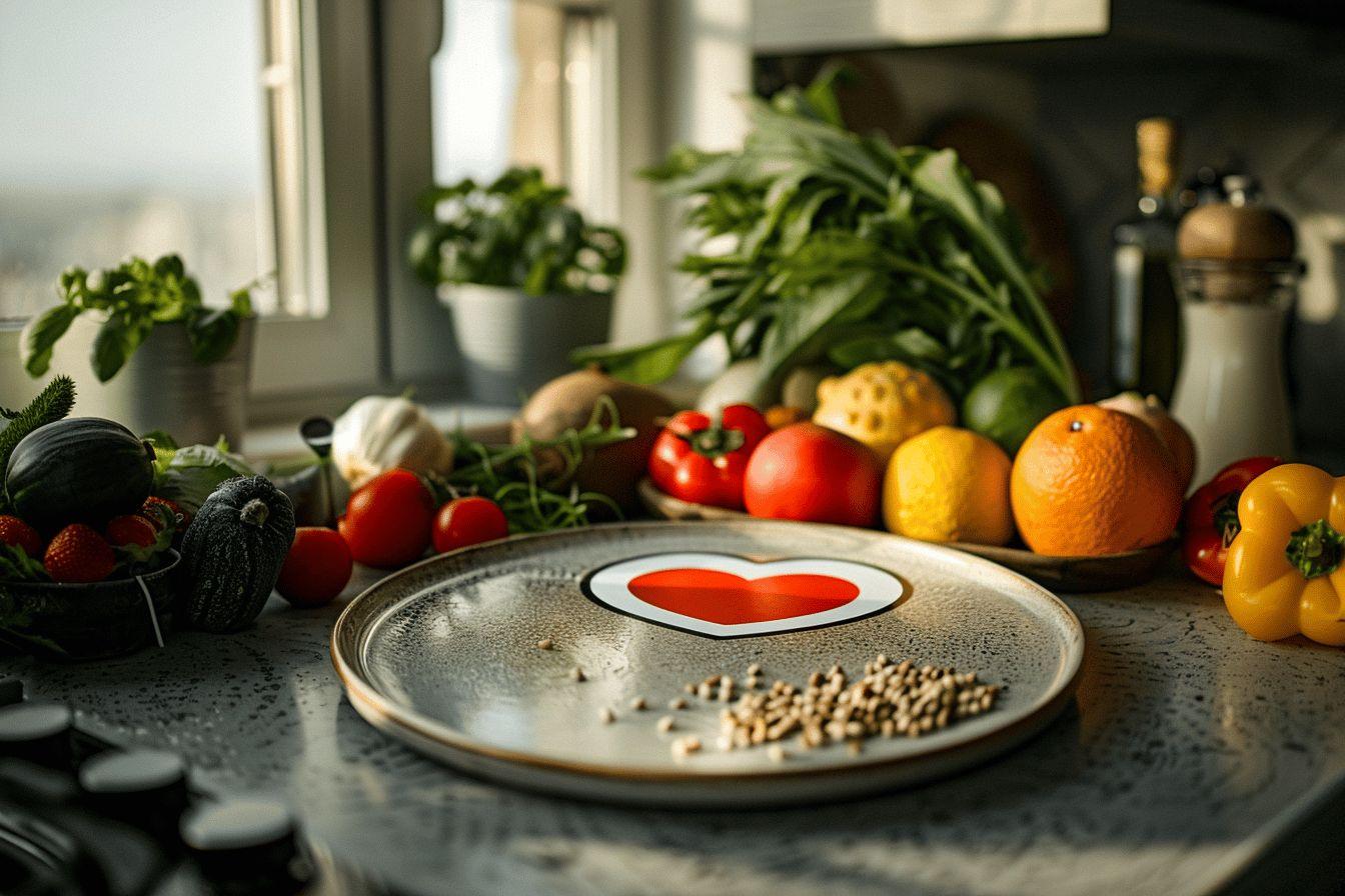 Assortiment de fruits et l&eacute;gumes frais sur une table de cuisine