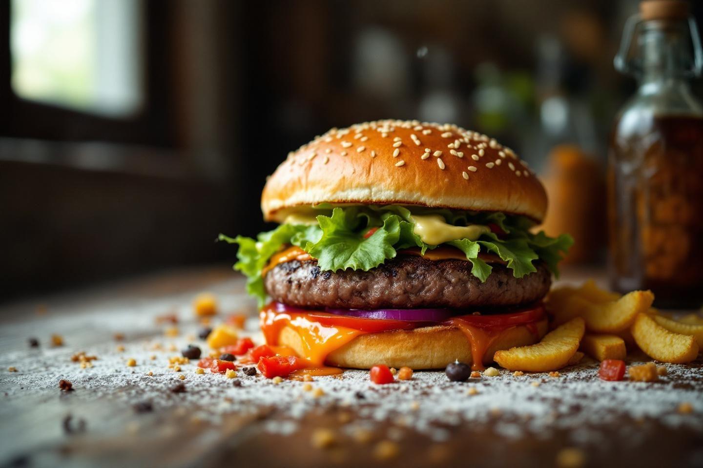 Burger app&eacute;tissant avec salade, sauce et garnitures