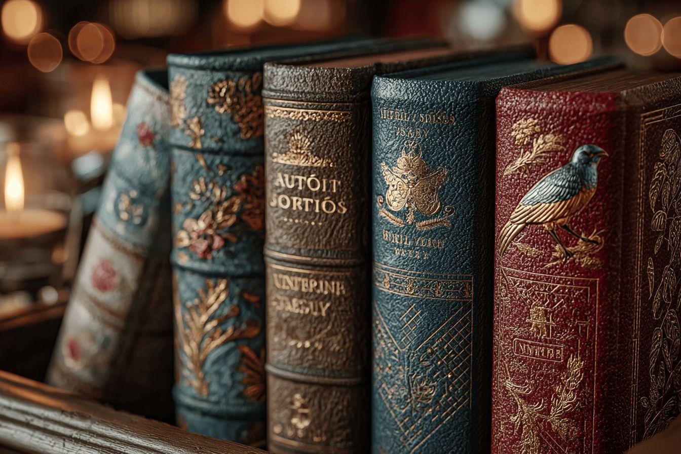 Rang&eacute;e de livres anciens aux couvertures orn&eacute;es de motifs dor&eacute;s