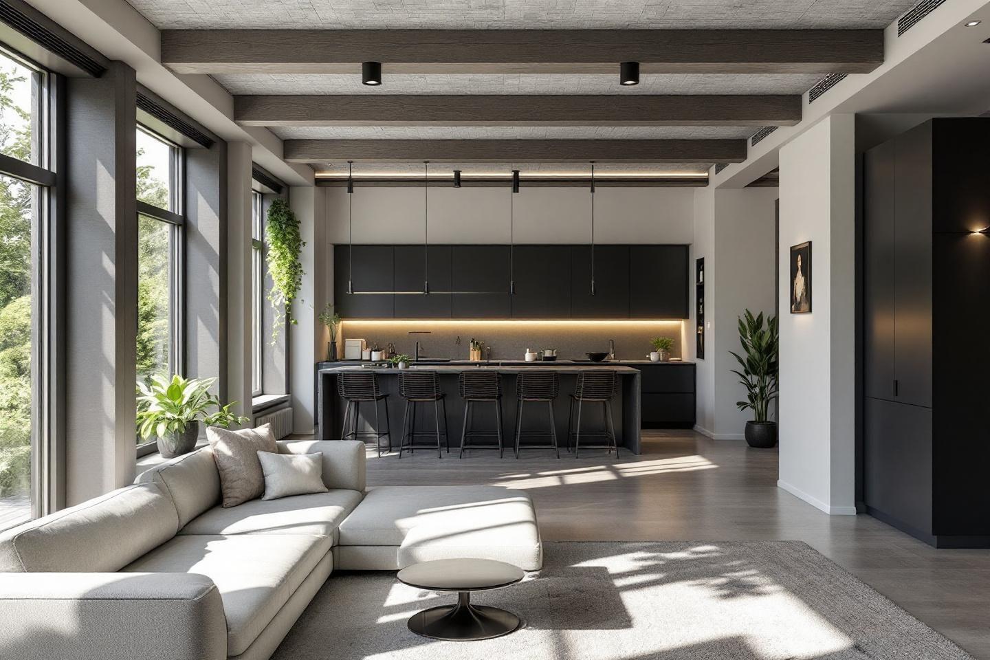 Int&eacute;rieur design avec cuisine noire et salon &eacute;pur&eacute;