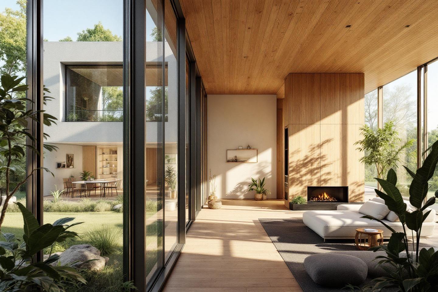 Int&eacute;rieur avec grandes fen&ecirc;tres, chemin&eacute;e et plantes vertes