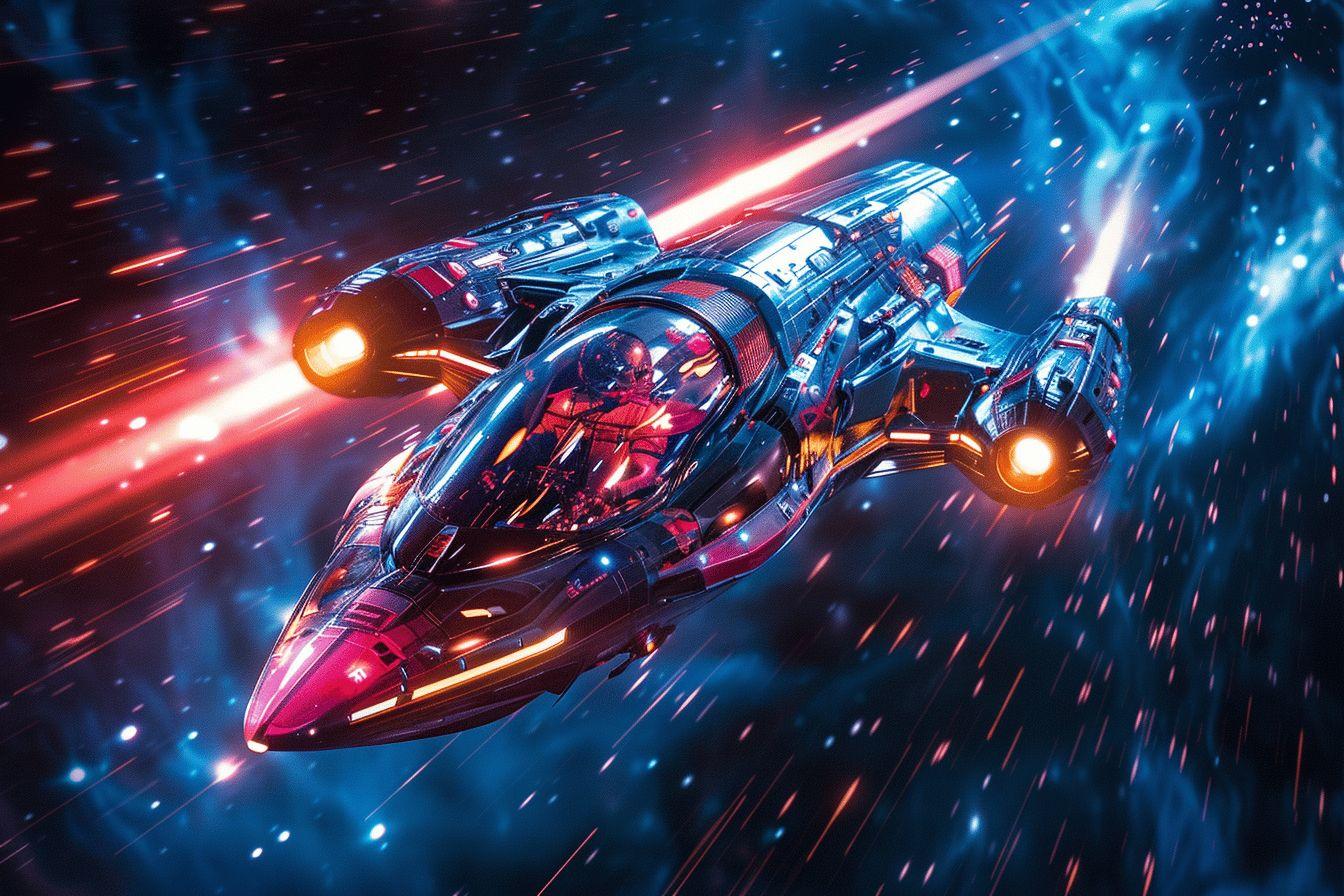 Navire high-tech volant dans un espace color&eacute; bleu et rouge