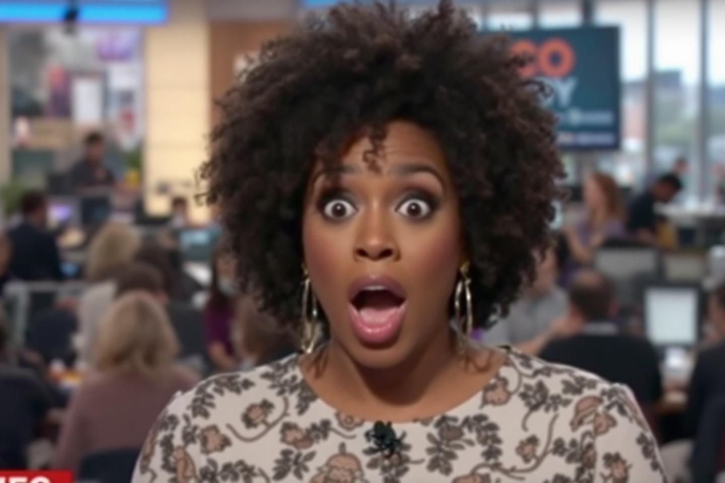 Femme aux cheveux boucl&eacute;s avec une expression de choc