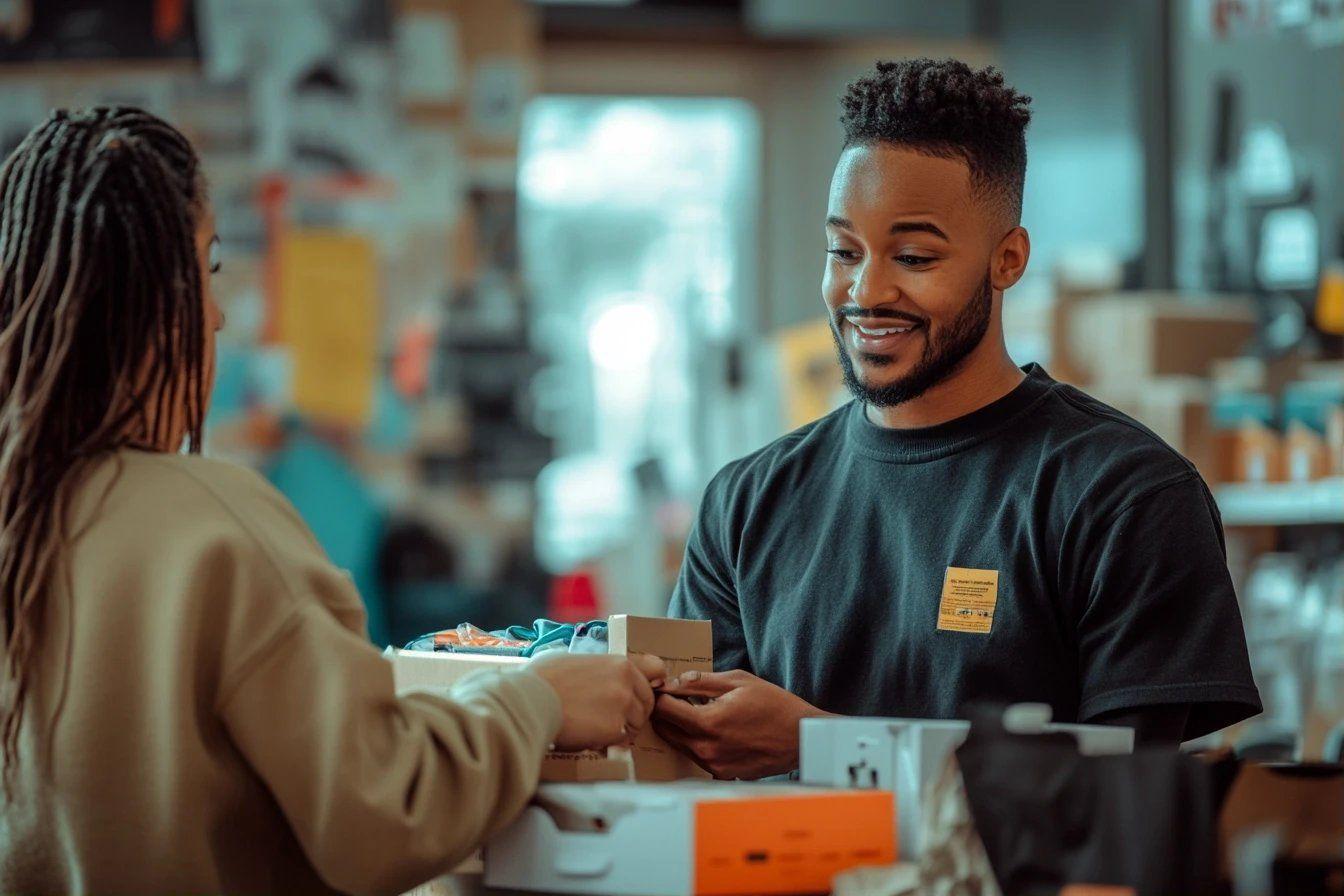 Employ&eacute; souriant remettant un paquet &agrave; une cliente