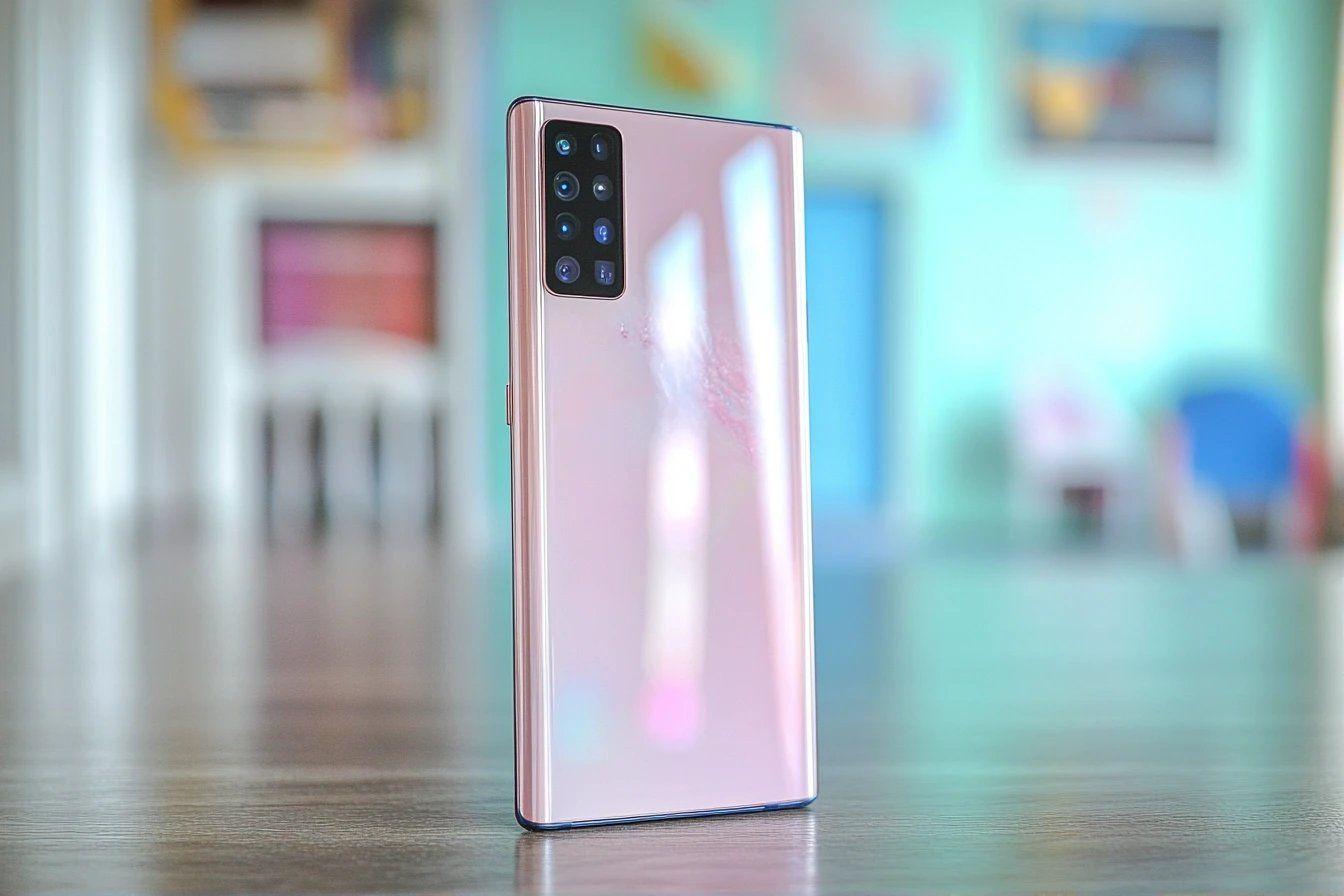 T&eacute;l&eacute;phone rose iris&eacute; avec module photo carr&eacute; sur table