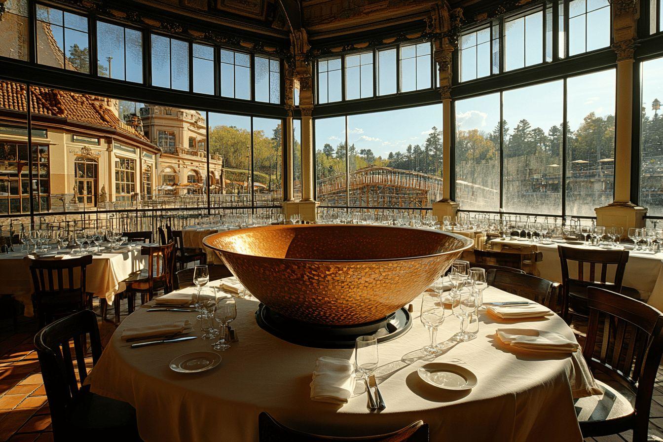 Salle de restaurant raffin&eacute;e avec grande coupelle dor&eacute;e et verres