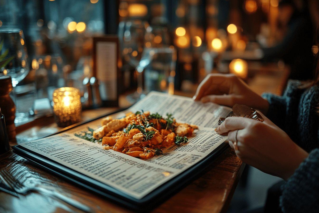 Plat savoureux servi sur un menu &eacute;clair&eacute; par des bougies