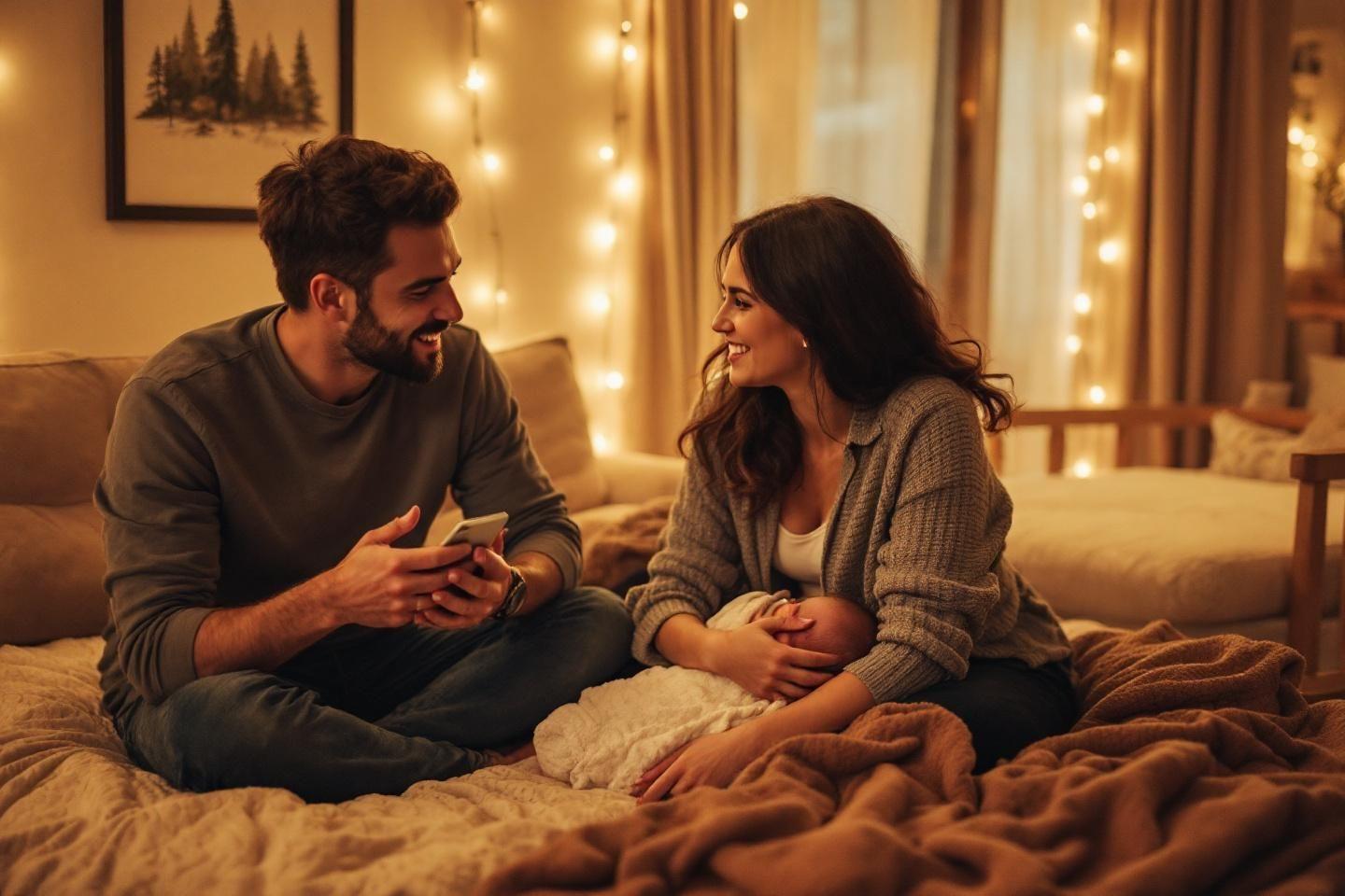 Couple souriant enlac&eacute; dans un salon chaleureux