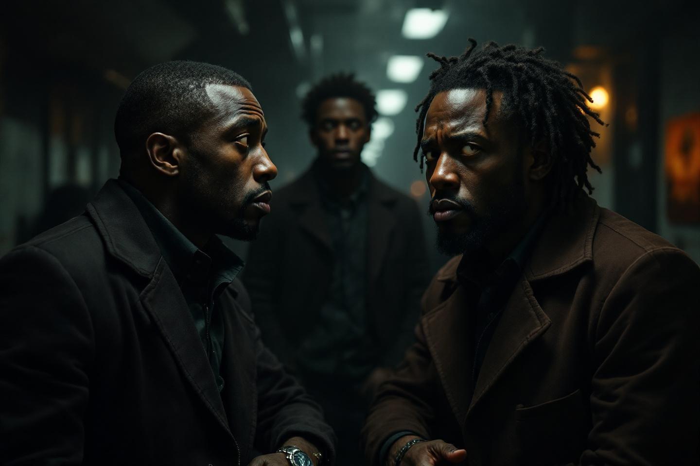 Deux hommes se font face, tension palpable dans un couloir sombre