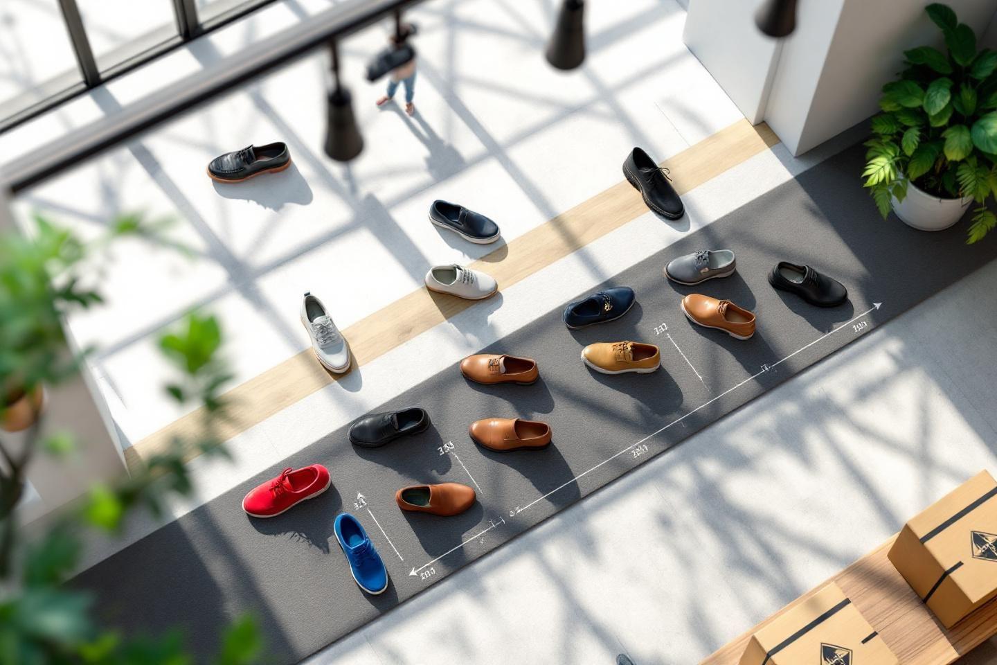 Diverses chaussures dispos&eacute;es sur un sol avec marquages m&eacute;triques