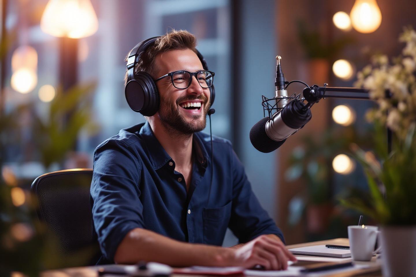 Un homme souriant au micro avec un casque