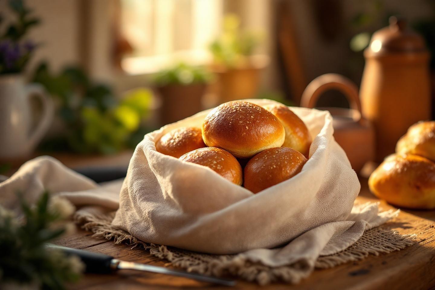 Pains briochés dorés dans un linge sur table en bois